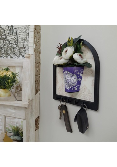 Cajuart Ahşap Motifli Mor Saksı İçinde Beyaz Yapay Çiçek Askılık Duvar Dekoru