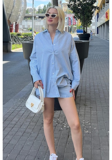 Madmext Mavi Çizgili Over Fit Gömlek Mg1525 Mavi
