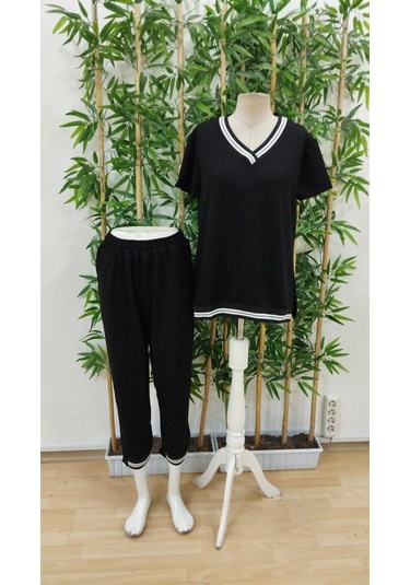 Kadın Kısa Kollu V Yakalı Iki Iplik Bluz Ve Pantolon Ikili Takım Siyah