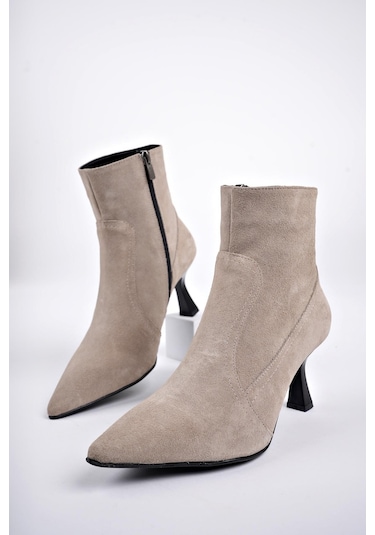 Muggo Natalie Garantili Hakiki Deri Sivri Burun Fermuarlı İnce Topuklu Kadın Bot Vizon Süet Vizon