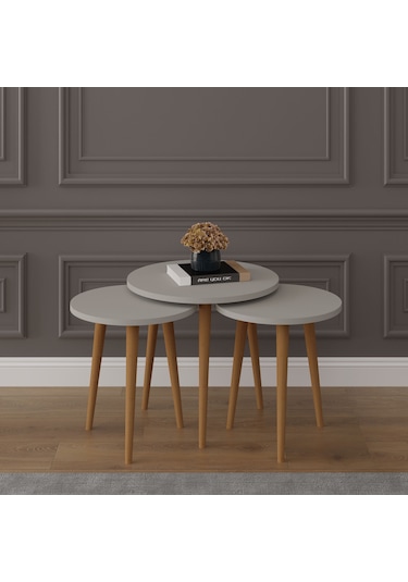 3 Lü Yuvarlak Zigon Sehpa Ahşap Ayaklı-sehpa01-kül Gri