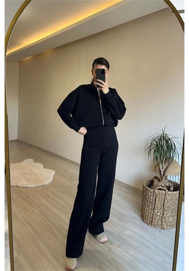 Neşeli Butik Kadın Fermuarlı Oversize Sweat Ve Yüksek Bel Eşofman Takımı Nm018 Siyah