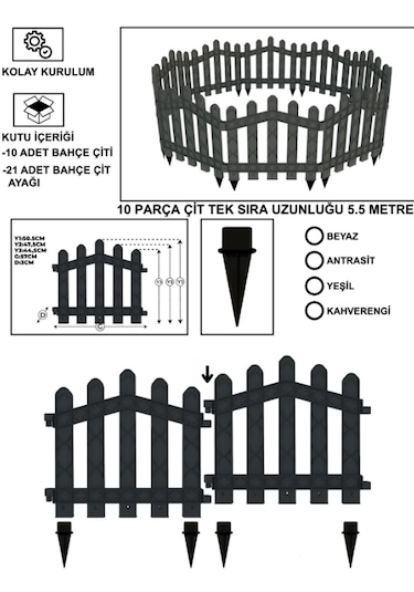 Dekoratif Plastik Bahçe ve Peyzaj Çiti 10 Adet ÇİT (Y: 50 CM / G: 5.5 M) Toprak Ayaklı - Antrasit Gri