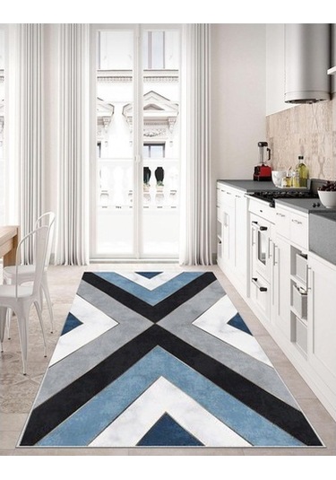 Gri Mavi Kaymaz Tabanlı Halı Makinede Yıkanabilir Halı Yolluk Gri - Mavi