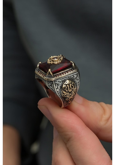 Kırmızı Taşlı Çiçek Motifli 925 Gümüş Erkek Yüzük