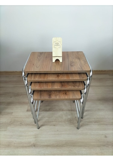 Evko Mobilya Buket Sehpa, 4'lü Zigon Sehpa, Dörtlü, Krom-ceviz