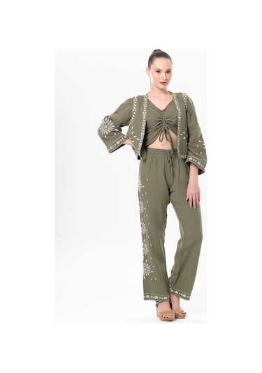 Uzun Kol Günışığı Büzgü Detaylı Yazlık Müslin Bluz Haki Hk-haki Haki