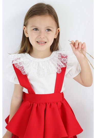 Kız Çocuk Helen Kırmızı Askılı Bağlama Jile 23 Nisan 29 Ekim Elbise Ekru Dantel Kısa Kollu Bluz Takım
