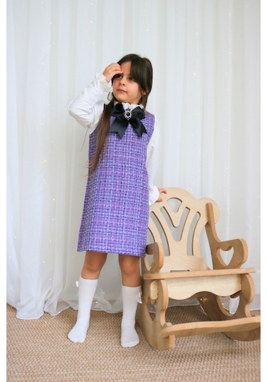 Kız Çocuk Lila Mor Vanessa Broş Detaylı Tüvit Uzun Kollu Yılbaşı Elbisesi