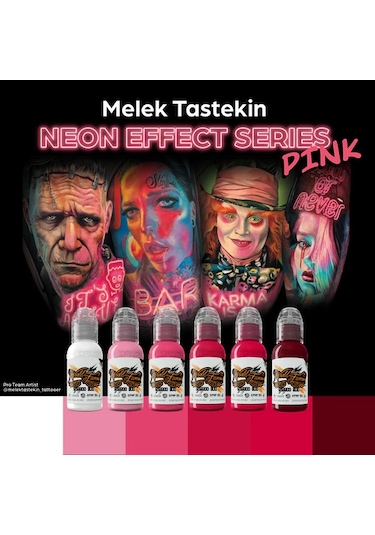 Melek Neon Effect Series Pink 6'lı Set - World Famous Ink Dövme Boyası - 1oz/30ml
