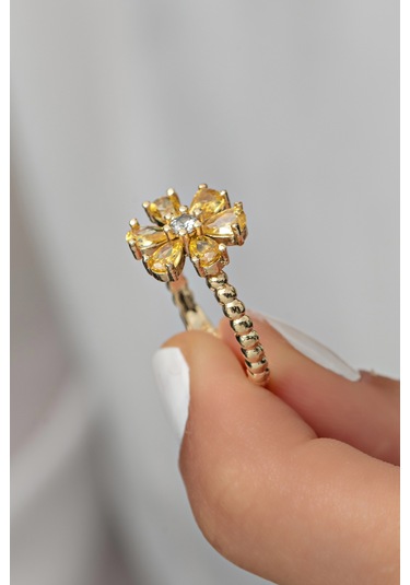 Ayarlanabilir Sarı Zirkon Taşlı Kamelya Çiçeği Yüzük Altın