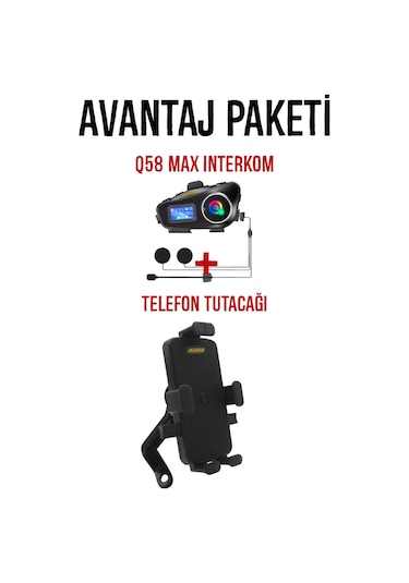 Q58 Max Kask Kulaklık İnterkom + Motosiklet Telefon Tutacağı
