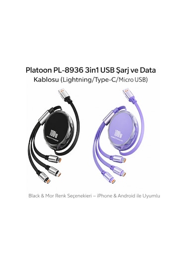 Platoon Pl-8936 3in1 Usb Şarj Ve Data Kablosu Lightning/type-c/micro Usb