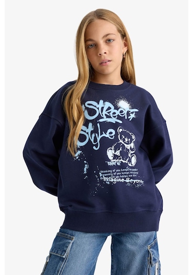 Defacto Kız Çocuk Oversize Geniş Kalıp Bisiklet Yaka Baskılı Sweatshirt E6755a825aunv241 Lacivert