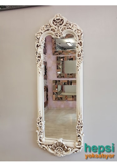 Klasik Model Eskitme Beyaz Renk Varaklı Boy Aynası