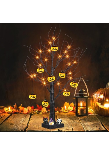 Cadılar Bayramı Ev Dekorasyonu, 24 Turuncu Işık Ve 8 Balkabağı Süsüyle 2 Ft Cadılar Bayramı Ağacı, Işıklı Cadılar Bayramı Süslemeleri Siyah Ağaç Çok Renkli