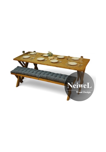 Neiwel Ken Doğal Ahşap Banklı Mutfak Ve Yemek Masası Takımı-100-240 Takım Açık Ceviz