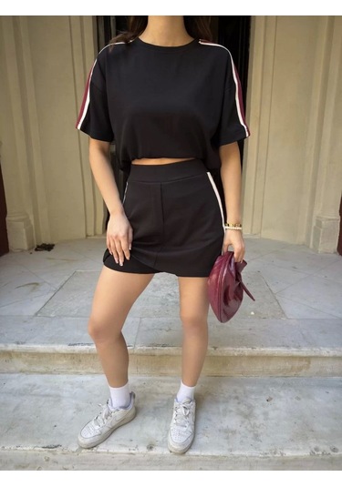 Osy Modal Yumuşak Dokulu Kumaş Kadın Parçalı Bisiklet Yaka T-shirt Mini Şortlu Etek İkili Takım - Si Siyah