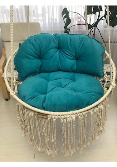 Makrome Özel Örgü Salıncak Hamak Pamuk İp 60 X 80 Turkuaz Yastık Ekru
