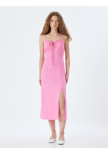 Koton Uzun Elbise Keten Karışımlı Askılı Yırtmaçlı Önü Bağlamalı Pembe 4sal80043ıw Gül
