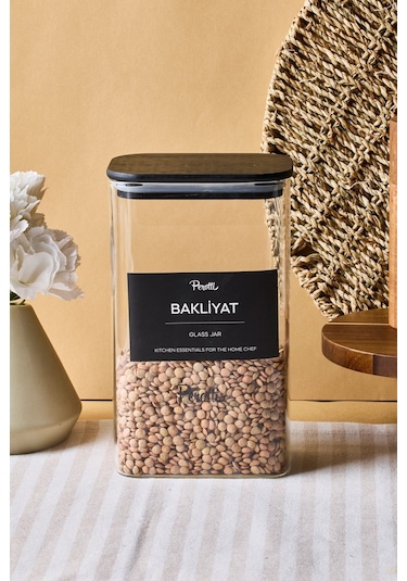 Porter Siyah Kapak Borosilikat Dikdörtgen Cam Kavanoz 1500 Ml 8x12x20 Cm 4 Adet Etiketli Seffaf Şeffaf