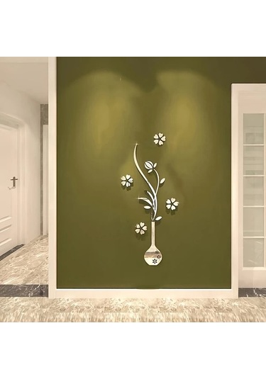 Fochsia Parlak 3d Akrilik Çiçek Vazosu Duvar Dekoru - Kendinden Yapışkanlı, Gümüş Desen, Oturma Odası Ve Tv Dekoru Gümüşi