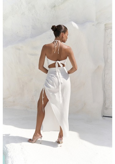 Abrossa Boyundan Bağcıklı Asimetrik Ekru Keten Elbise Ekru