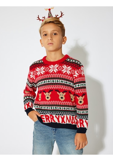 Koton Geyik Desenli Bisiklet Yaka Uzun Kollu Yılbaşı Kazağı Multıcolor 5wkb90015tt Mavi