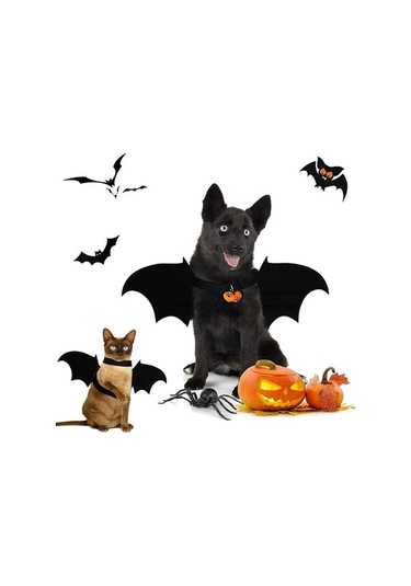 Pazly Köpek Cadılar Bayramı Kostümü - Yarasa Kanatlı Harni, Çanlı Baskılı Evcil Hayvan Kostümü Açık Mavi