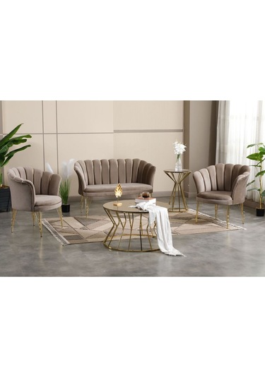 Vizon Kumaş Gold Metal Ayak Çay Seti Koltuk Takımı Ofis Koltuk Takımı Vizon