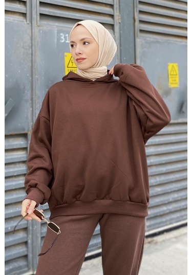 Kapüşonlu Salaş Sweatshirt Acı Kahve