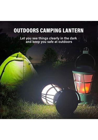 Mufunye Yeşil Aküli Güneş Enerjili Kamp Feneri, Usb Şarjlı, Acil Işık, Çadır Işığı, Manzaralı Ateş Efekti, Taşınabilir Çok Renkli