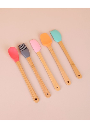 Finehome Ahşap Saplı Renkli Silikon Kaşık Seti