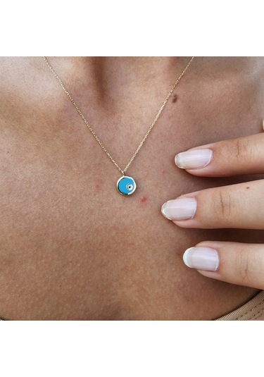 Ala Turkuaz Firuze Mineli Nazar Boncuğu Göz Tasarım Taşsız Modern Hediye Tarz 14 Ayar Altın Kolye