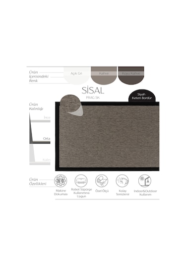 Cool Halı Prag Siyah Keten Hav Toz Vermez Kolay Temizlenen Hasır Dokulu İnce Düğüm İthal Sisal Halı