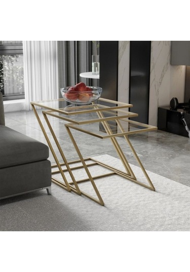 Misto Z Şekil Camlı Üçlü Zigon Sehpa Gold