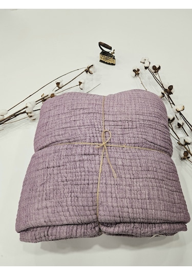 Mor 7 Katlı Çift Taraflı Dolgulu Çift Kişilik Müslin Battaniye %100 Pamuk 230x240 Cm