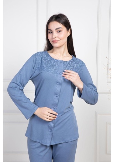 Mecit 6105 Bayan İndigo Büyük Beden Boydan Düğmeli Pijama Takımı İndigo