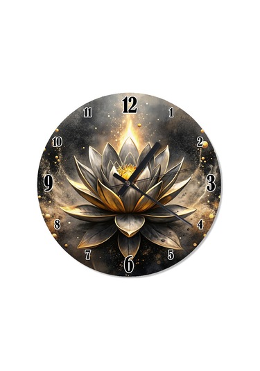 Lotus Çiçeği Ve Altın Sarısı Boyalar Desenli Duvar Saati