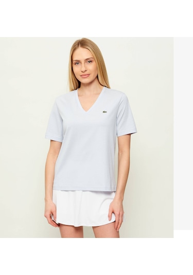 Lacoste V Yaka Organik Pamuk Bayan T-shirt Açık Mavi