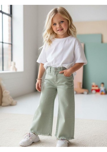 Zekids Kız Çocuk Pamuklu Paçaları Püsküllü Pantolon-16677 Yeşil