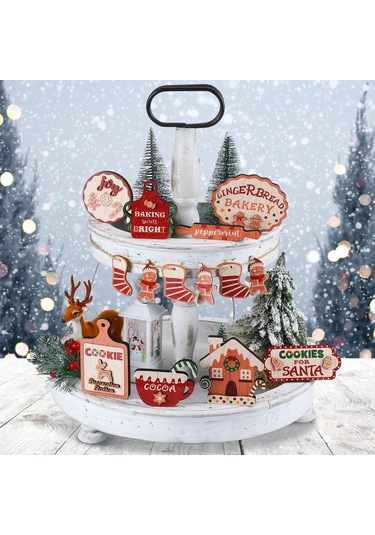Hyt Noel Tiered Tray Noel Katmanlı Palet Ahşap Süslemeler Noel Hediyesi Kar Tanesi Dekor