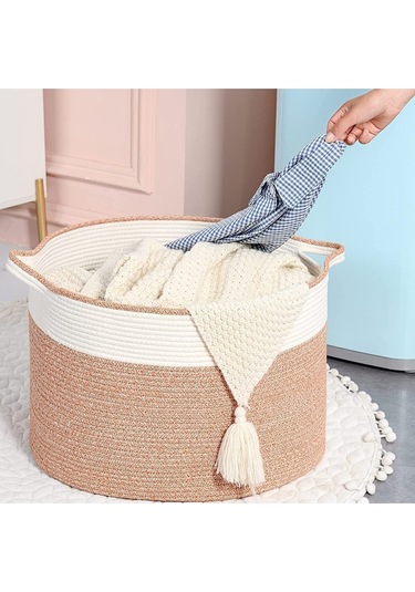 Shahbaz Özel Pamuklu Jüt Battaniye Sepeti Hasır Oyuncak Sepeti Jüt Çamaşır Sepeti 40-30 Hasır