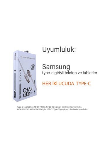 Samsung Uyumlu A24 Şarj Kablosu Type-c To Type C Hızlı Şarj İçin 1 Metre