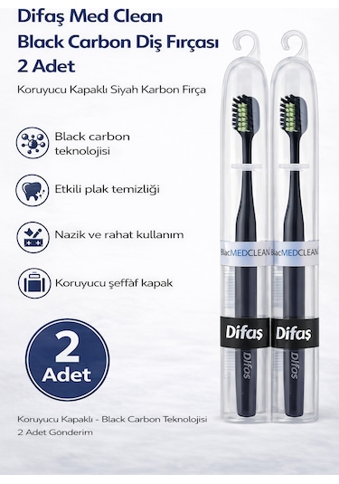 Difaş Med Clean Black Carbon Diş Fırçası 2 Adet Koruyucu Kapaklı Siyah Karbon Fırça Seti