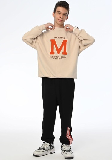 Erkek Çocuk M Harfi İşlemi Sweatshirt-13403-bej Bej