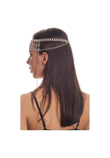 Labalaba Kadın Antik Gümüş Kaplama Zincirli Geniş Bant Tasarım Saç Zinciri Gümüş