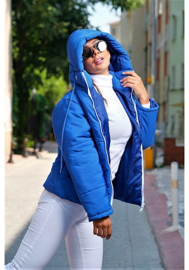 Kadın Saks Mavi Su Geçirmez Kapüşonlu Şişme Mont