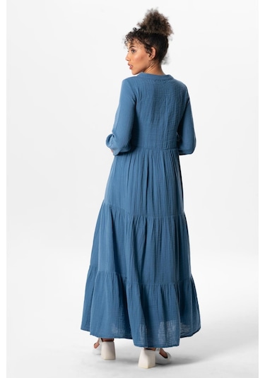 Uzun Kol Akay Uzun Düğme Detay Yazlık Müslin Elbise İndigo İndg-indigo İndigo