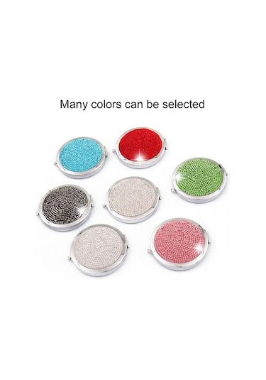 Sones Elmas İşlemeli Metal Çift Taraflı Katlanır Mini Taşınabilir Yuvarlak Küçük Makyaj Aynası Kırmızı